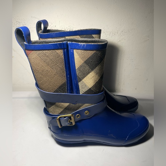 Burberry belge house check canvas and blue rubber rain boot sz 36 - Picture 1 of 13